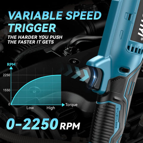 Heavy Duty Cordless Ratchet Wrench Kit With 133 Ft-Lbs Torque, 21V Power, 2250 RPM, featuring variable speed trigger display