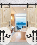 Installed adjustable 8 to 17 feet double gate sliding barn door hardware kit with track, 12 inch handles, 4 rollers visible.