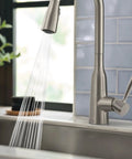 Top Shelf Stainless Steel Pull Down Kitchen Faucet featuring one handle high arc design with fast wash power boost and smudge resistant matte finish.