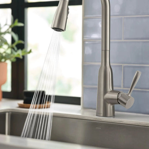 Top Shelf Stainless Steel Pull Down Kitchen Faucet featuring one handle high arc design with fast wash power boost and smudge resistant matte finish.