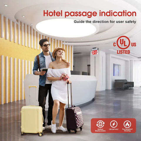 Red LED Edge Lit Exit Sign UL Listed With Battery Backup In Brushed Aluminum Housing in hotel lobby ceiling mount