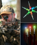 Hunter aiming crossbow with Six Pack LED Lighted Nocks For Crossbow Bolts With 24 Bushings In 0.285 Inch 0.297 Inch 0.300 Inch 0.305 Inch Sizes