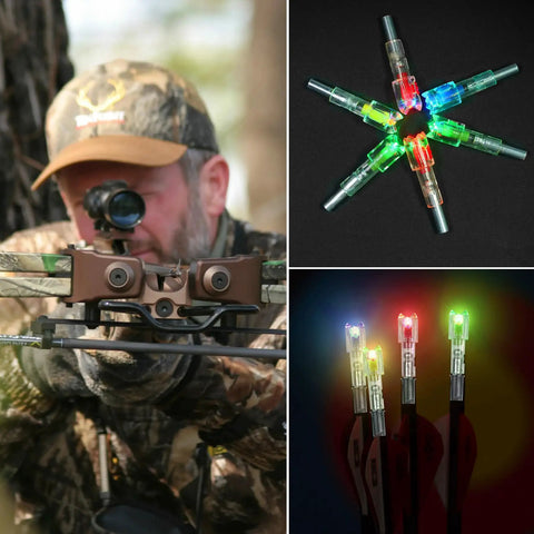 Hunter aiming crossbow with Six Pack LED Lighted Nocks For Crossbow Bolts With 24 Bushings In 0.285 Inch 0.297 Inch 0.300 Inch 0.305 Inch Sizes