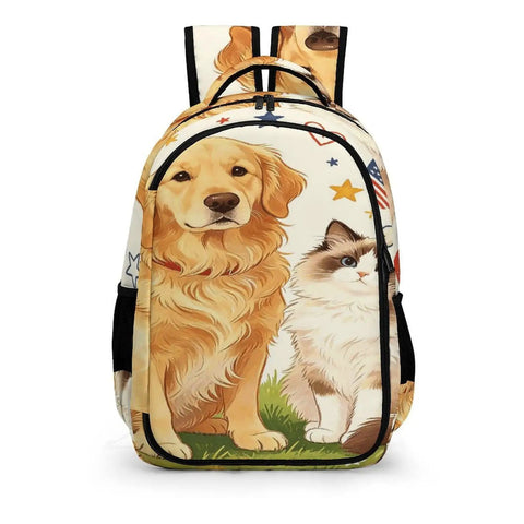 Heart And Bone Pet Pals Printed Unisex Backpack With Large Capacity featuring dog and cat design, durable polyester.