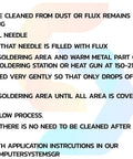 Instructions for using Low Viscosity Halogen Free Liquid Flux in BGA rework and reballing with syringe and heat gun on chip.