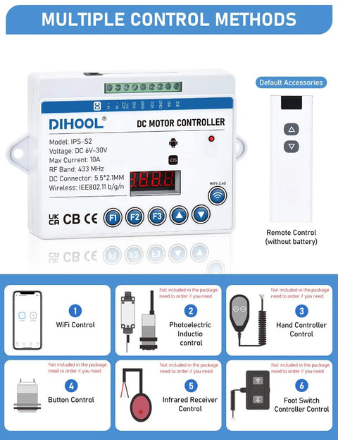 DIHOOL DC motor controller in white plastic case, supports 6–30V, with WiFi and remote control