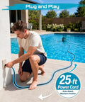 Man kneeling by pool plugging in 25-ft power cord for Automatic Submersible Water Pump With Smart Float Switch Delivers 5548 GPH.