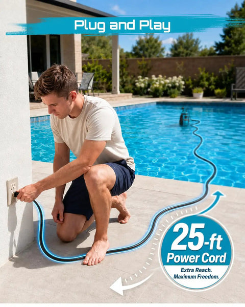 Man kneeling by pool plugging in 25-ft power cord for Automatic Submersible Water Pump With Smart Float Switch Delivers 5548 GPH.