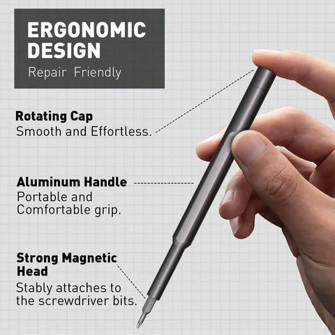 Hand holding ergonomic handle of 63 In 1 Pro Grade Magnetic Mini Screwdriver Set For Ring Doorbell Computers Laptops iPhone Eyeglasses.