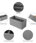 Three Pack Clothes Organizer Bins With Seven Grid Compartments, showing PP board insert, dividers, collapsible, and stitching details