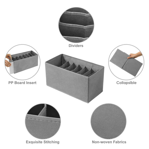 Three Pack Clothes Organizer Bins With Seven Grid Compartments, showing PP board insert, dividers, collapsible, and stitching details