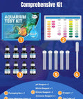 Pro Grade 5 In 1 Aquarium Water Master Test Kit with reagents, color chart, and test tubes for freshwater and saltwater.