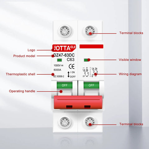 Solar Panel Disconnect Switch 2 Pole DC Circuit Breaker 63A Beefy Isolator For PV System 1000V Max DIN Rail Mount front view