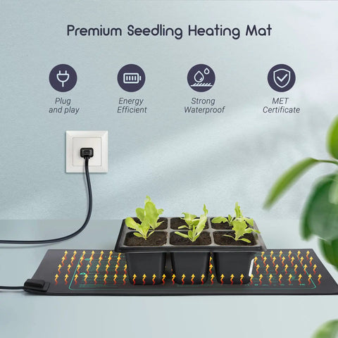 Seedling Heating Mat For Seed Starting 10 x 20.75 Inch Pro Grade Waterproof Hydroponic Heating Pad with seedlings and plug.