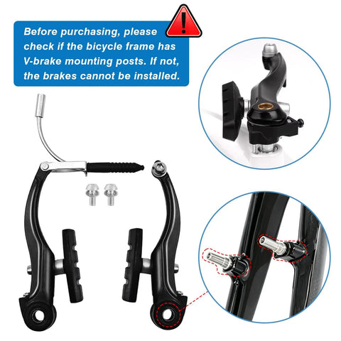 Universal V Type Bike Brake Set With Front And Rear MTB Brakes Cables Levers End Caps Multi Tool And Wrenches For Easy Install Must Have All In One Replacement Kit In Black For City And Mountain Rides showing components and installation.
