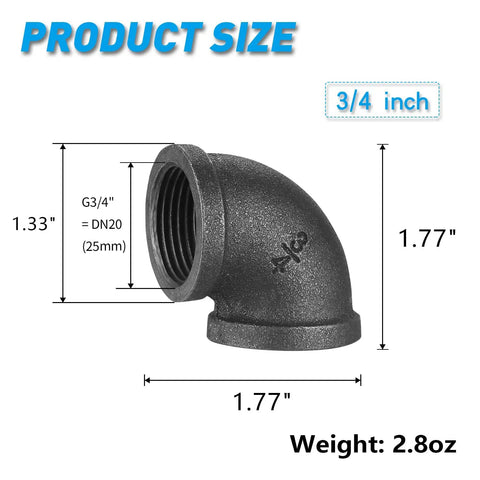 Three Quarter Inch Pipe Fitting Elbow Set, 20 Pack, Gray Cast Malleable Iron Threaded Elbows DN20 For DIY Plumbing dimensions