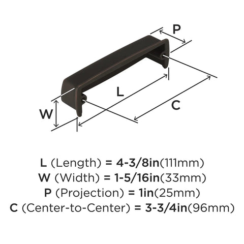 Heavy Duty Oil Rubbed Bronze Drawer Cup Pull dimensions showing length 4-3/8in, width 1-5/16in, for kitchen cabinets and bathroom vanities.