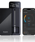 Smart Wireless Meat Thermometer With Bluetooth And WiFi Ultra Range next to smartphone displaying app interface and live temps.