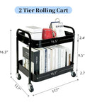 Two Tier Rolling Cart With Wheels For Under Desk Storage And Small Space Organization, Large Capacity Kitchen Pantry Laundry Room Makeup Organizer, Sturdy Utility Cart With Four Hooks, Black