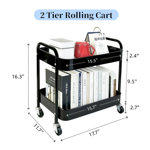 Two Tier Rolling Cart With Wheels For Under Desk Storage And Small Space Organization, Large Capacity Kitchen Pantry Laundry Room Makeup Organizer, Sturdy Utility Cart With Four Hooks, Black