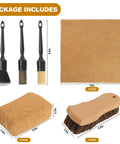 All In One Car Interior Cleaning Kit With Horse Hair Leather Brush, Long Bristle Detailing Brushes, Microfiber Cloths And Applicator, Pro Grade Interior Detailing Supplies For Leather, Fabric And Trim image showing package contents.