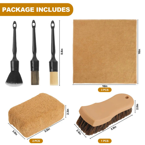 All In One Car Interior Cleaning Kit With Horse Hair Leather Brush, Long Bristle Detailing Brushes, Microfiber Cloths And Applicator, Pro Grade Interior Detailing Supplies For Leather, Fabric And Trim image showing package contents.