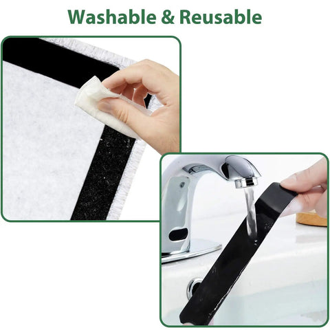 Double Sided Non Slip Rug Tape Set 16 Pieces Reusable And Washable Keeps Rugs Flat shown being washed and applied to a rug edge.