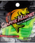 Crappie Magnet Jig Bodies 1 3/4 Inch Chartreuse Glow 15 Pack Split Tail Action Packaging with bright yellow-green lures visible.
