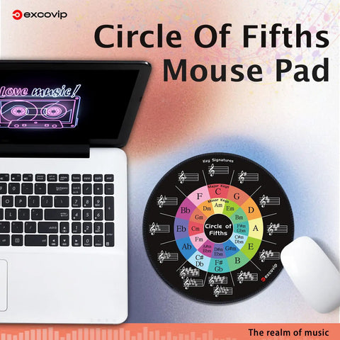 Round Mouse Pad With Circle Of Fifths Design, Premium Textured Surface next to a laptop and mouse on a desk