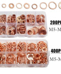 Flat Copper Washers And Gasket Kit Set For Automotive Repairs Heat Resistant Copper Rings And Solid Flat Seals Universal Fit For Sealing Bolts And Engine Components Durable DIY Auto Repair Essentials, 200pcs M5-M14 copper washers in storage case