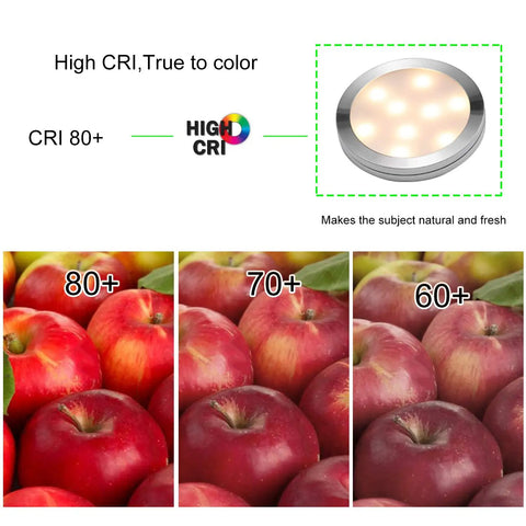 High CRI 80+ comparison with apples showing natural colors of dimmable under cabinet LED puck lights kit for home kitchen.