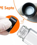 Premium 8ML Clear Borosilicate Glass Vials With Tight Screw Caps Totally Leakproof Lab Grade Storage Bottles For Beauty And Science Work Solid 20 Pack Hustle Ready For Your Daily Grind, showing secure black screw cap and vial.