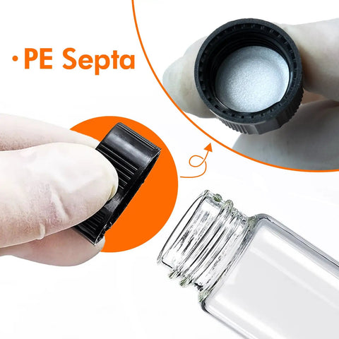 Premium 8ML Clear Borosilicate Glass Vials With Tight Screw Caps Totally Leakproof Lab Grade Storage Bottles For Beauty And Science Work Solid 20 Pack Hustle Ready For Your Daily Grind, showing secure black screw cap and vial.