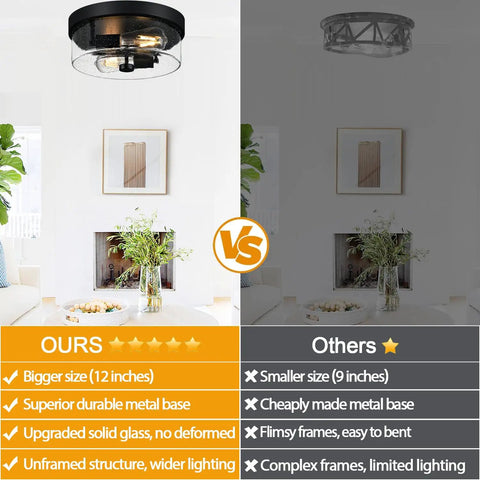 Comparison of two light black flush mount ceiling light fixtures, featuring industrial farmhouse style, size, and material differences.