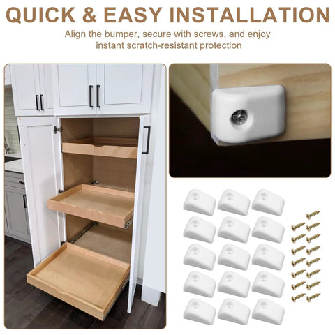 Solid As A Rock Nylon Drawer Bumper Pads With Slick Glide Slide Spacers For Roll Out Shelves Zero Dings On Cabinet Doors Easy Install Includes Mounting Screws, showing installation in a kitchen cabinet.