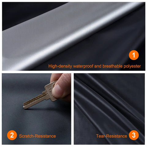 All Weather Universal Car Cover Waterproof Outdoor Shield showcasing materials, scratch and tear resistance features.