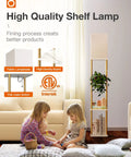 Gold Marble Texture Floor Lamp With Shelves in living room setting, highlighting fabric lampshade and shelves.
