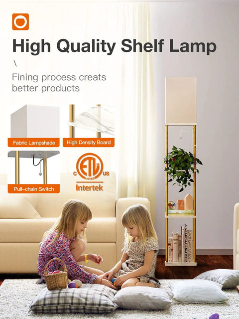 Gold Marble Texture Floor Lamp With Shelves in living room setting, highlighting fabric lampshade and shelves.