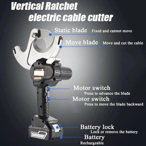 Heavy Duty Battery Powered Cable Cutter 75mm Ratchet Tool Kit With Charger, showing vertical ratchet and electric cable cutter parts.