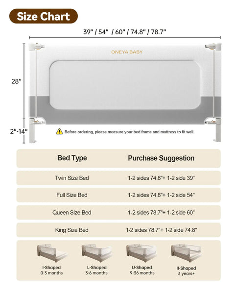 Size chart with dimensions and bed recommendations for 3 Piece King Size Bed Rails No Drill Setup Toddler Guard for Kids Height Adjustable Thickened Carbon Steel