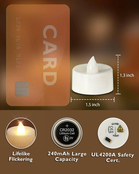 Dimensions and features of 24 Pack Flameless LED Tea Lights Battery Operated With Realistic Flicker For Votive Candles