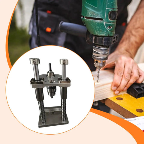 Vertical Drill Guide Attachment for Home Workshops, Sturdy Portable Drill Press Stand in use for precise wood drilling