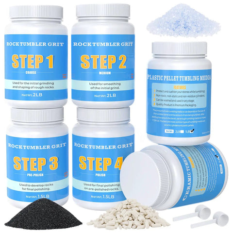 Rock Tumbler Grit Kit Pro Grade 10 Pound Refill Media for Polishing Up to 70 Lbs of Rocks, 4 Step Polish Media Pack shown