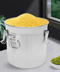 Heavy Duty Stainless Steel Canister With Airtight Lids Keep Your Pantry Stale Free Organize Rice Flour Grain And Coffee Lock In Freshness Bulk Food Storage Bucket 8.7 Gallon filled with yellow grains on a kitchen countertop.