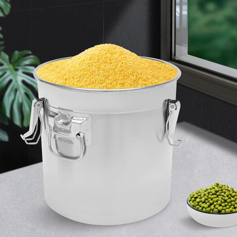 Heavy Duty Stainless Steel Canister With Airtight Lids Keep Your Pantry Stale Free Organize Rice Flour Grain And Coffee Lock In Freshness Bulk Food Storage Bucket 8.7 Gallon filled with yellow grains on a kitchen countertop.