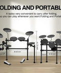 All In One Beginner Electric Drum Set With Four Quiet Eight Inch Pads, Three Ten Inch Cymbals shown in folded and unfolded form
