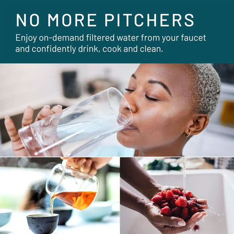 Person enjoying filtered water with Under Sink Water Filter System AP200 With Full Flow 1.75 GPM; AP200 filtering water for cooking and washing.