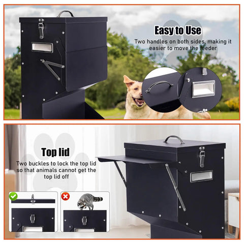 Set And Forget Outdoor Dog Feeder With Sturdy Rain Cover 25 Pound Gravity Kibble Bowl showing two handles and top lid design.