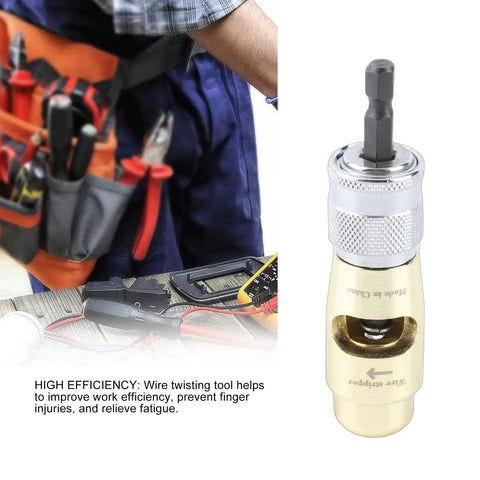 Tough Zinc Alloy Electric Drill Wire Twister Stripper, Quick Copper Terminal Crimping Tool in use with tools on a workbench.