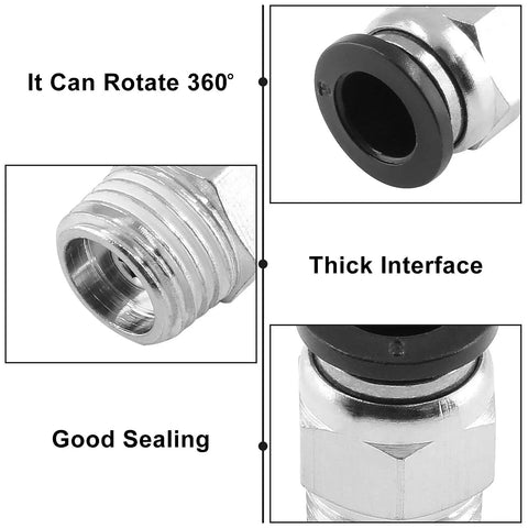 Close-up of 10 Pack Push To Connect Pneumatic Fittings 8mm Tube OD To One Quarter Inch NPT Male Straight Quick Connect, highlighting features.